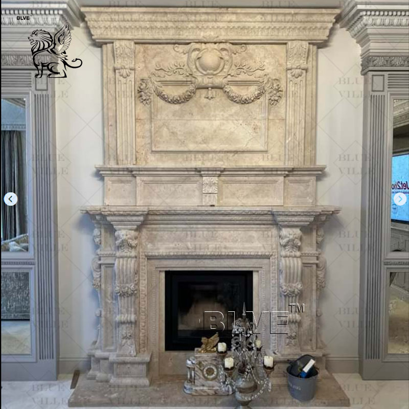 BLVE Indoor Home Villa Decoration Freestanding Hand Carved Stone Fireplace Surround White Marble Fireplace Mantle