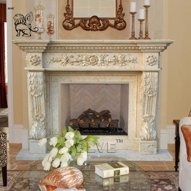 BLVE Indoor Decoration Modern Style Natural Stone Fireproof Material Beige Travertine Stone Fireplace Mantel