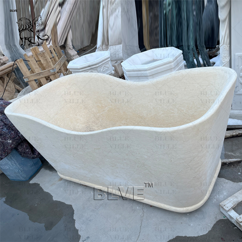 BLVE European Style Decorative Hotel Luxury Cream Natural Stone Elegant Bathtub Freestanding Marble Bathtub