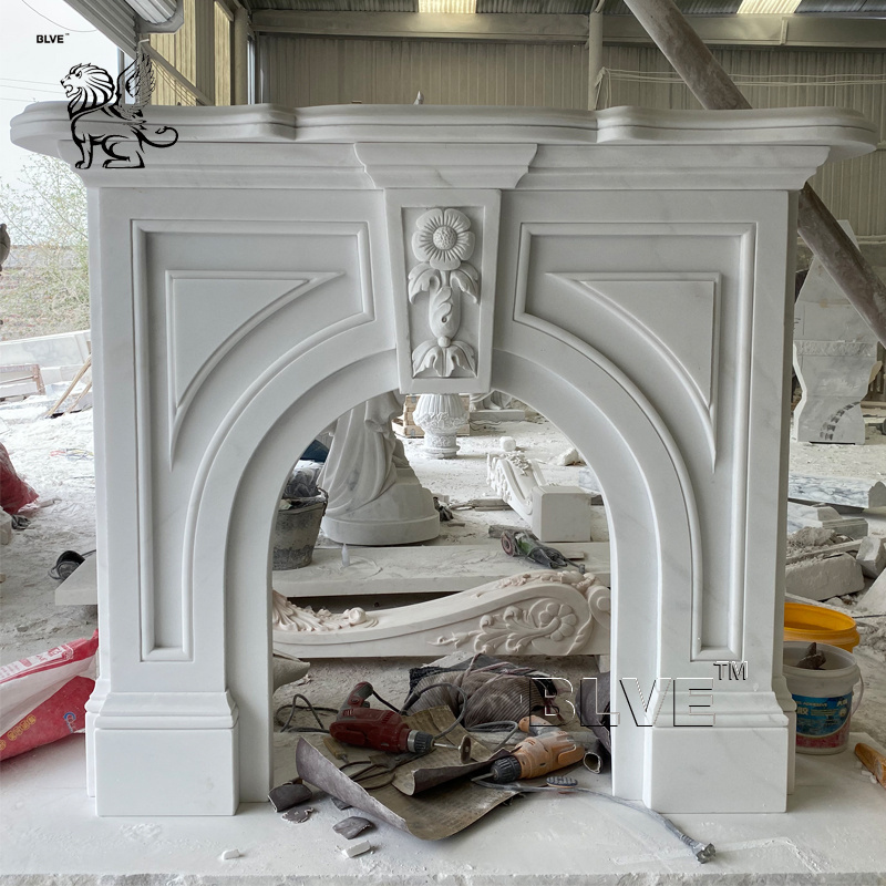 BLVE Indoor Decorative Hand Carved Modern Natural Stone Mantel French White Marble Fireplace Surround