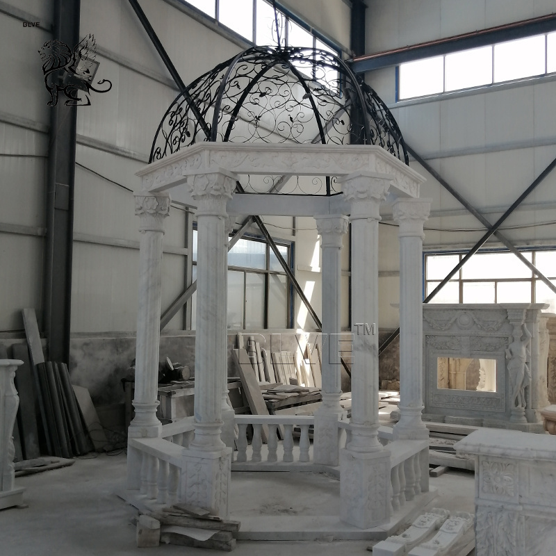 Outdoor Decorative Garden Large Metal Roof White Marble Pavilion Natural Stone Gazebo