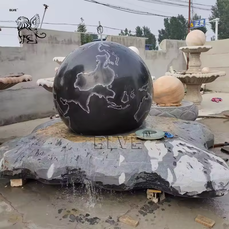 BLVE Garden Decorative  Large Feng Shui Natural Stone Floating Sphere Pool Fountain Black Marble Rotating Ball Fountains