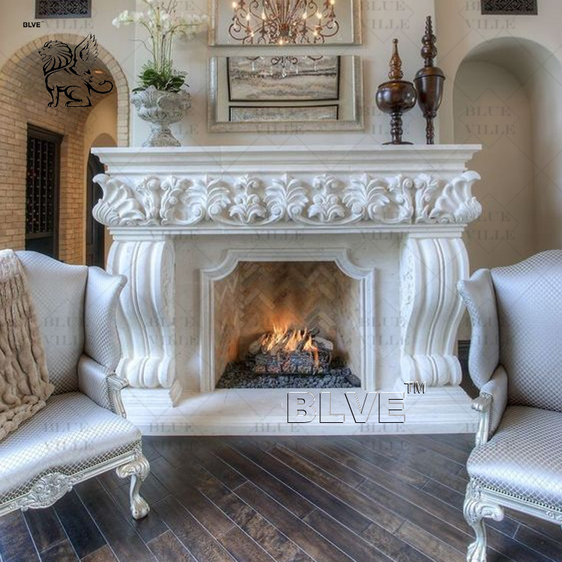 BLVE Indoor Home Villa Decoration Freestanding Hand Carved Stone Fireplace Surround White Marble Fireplace Mantle