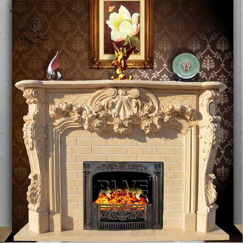 BLVE Indoor Decoration Modern Style Natural Stone Fireproof Material Beige Travertine Stone Fireplace Mantel