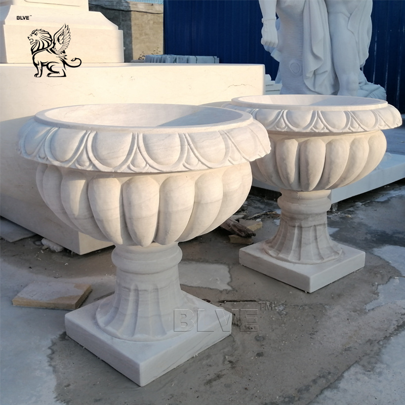 BLVE Handcarved Outdoor Decorative Large Stone Relief Urn Pots Garden Vases White Marble Flower Pots & Planters