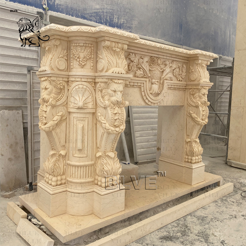 BLVE Modern Design Luxury Home Decor Beige Travertine Stone Lions French Style Fireplace Mantel Marble Fireplace