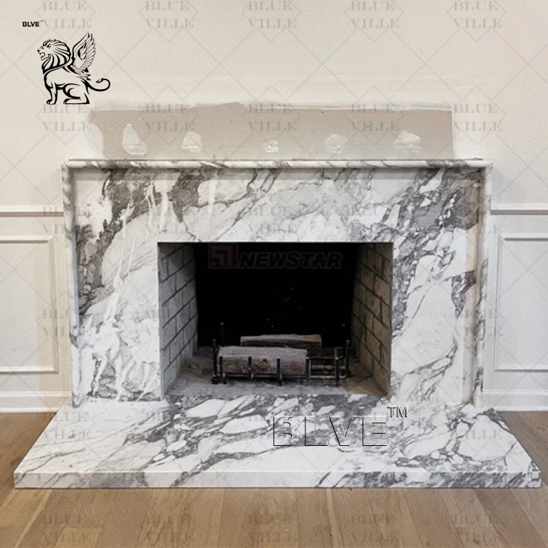 BLVE Indoor Home Villa Decoration Freestanding Hand Carved Stone Fireplace Surround White Marble Fireplace Mantle