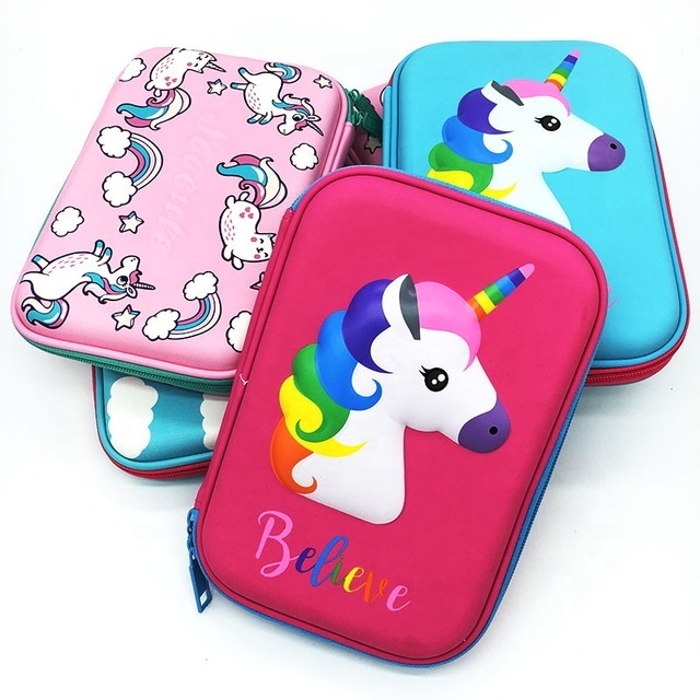 2023 Customized EVA Pencil Bag Cute Embossed Unicorn Pencil Case with Compartments