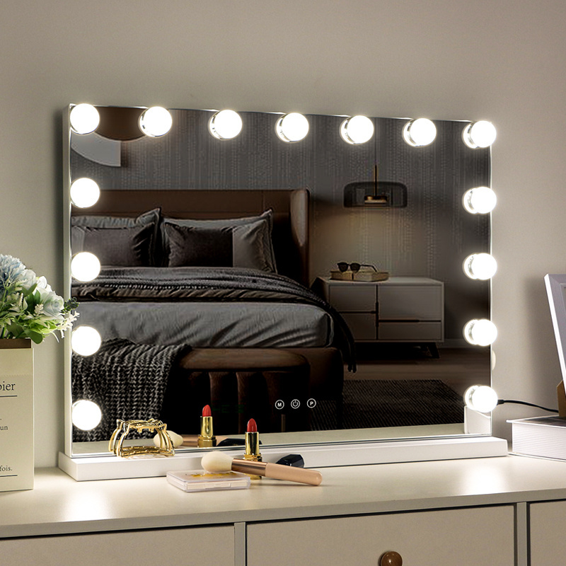 Compact Hollywood Lighted Desktop Makeup Vanity Mirror 15 Dimmable LED Bulbs for Dressing Room or Bedroom Use