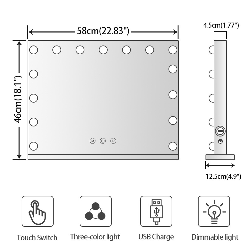 Compact Hollywood Lighted Desktop Makeup Vanity Mirror 15 Dimmable LED Bulbs for Dressing Room or Bedroom Use