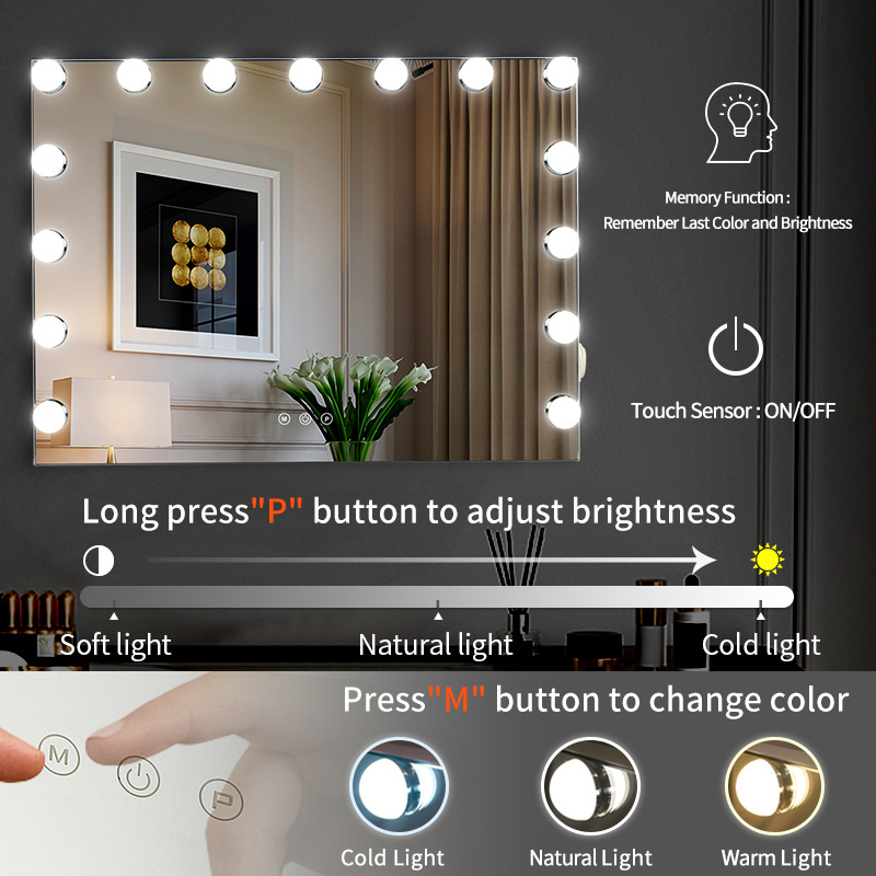 Compact Hollywood Lighted Desktop Makeup Vanity Mirror 15 Dimmable LED Bulbs for Dressing Room or Bedroom Use