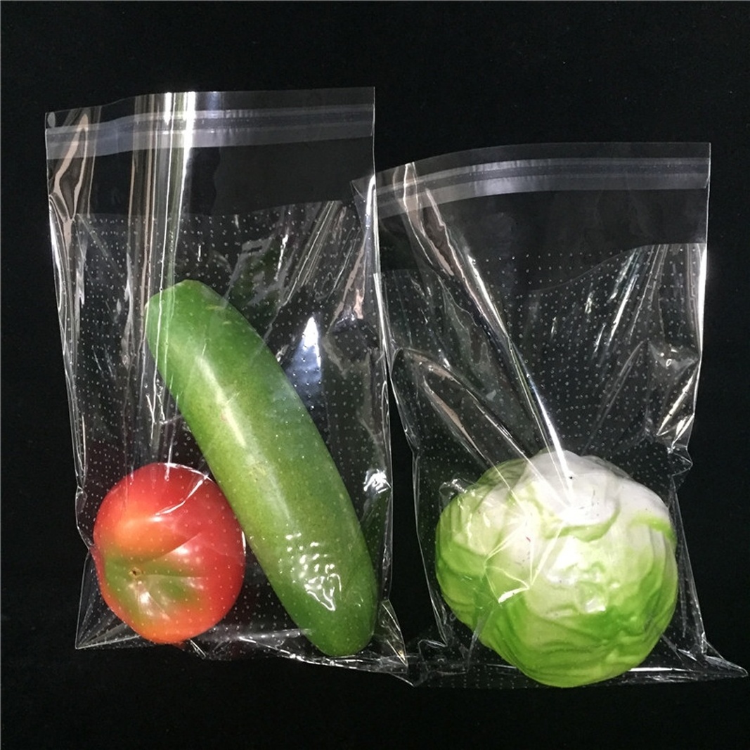 Plastic food packaging opp cello micro perforated bag resealable cellophane breathable bread bags for fresh vegetable