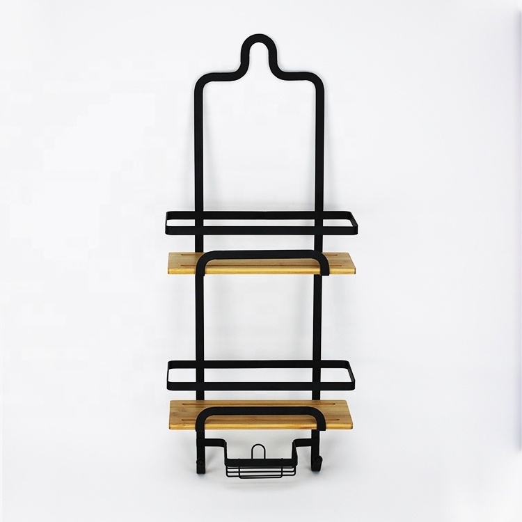 BX Black metal shower caddy hanging, bathroom caddy bathroom shelf with bamboo board