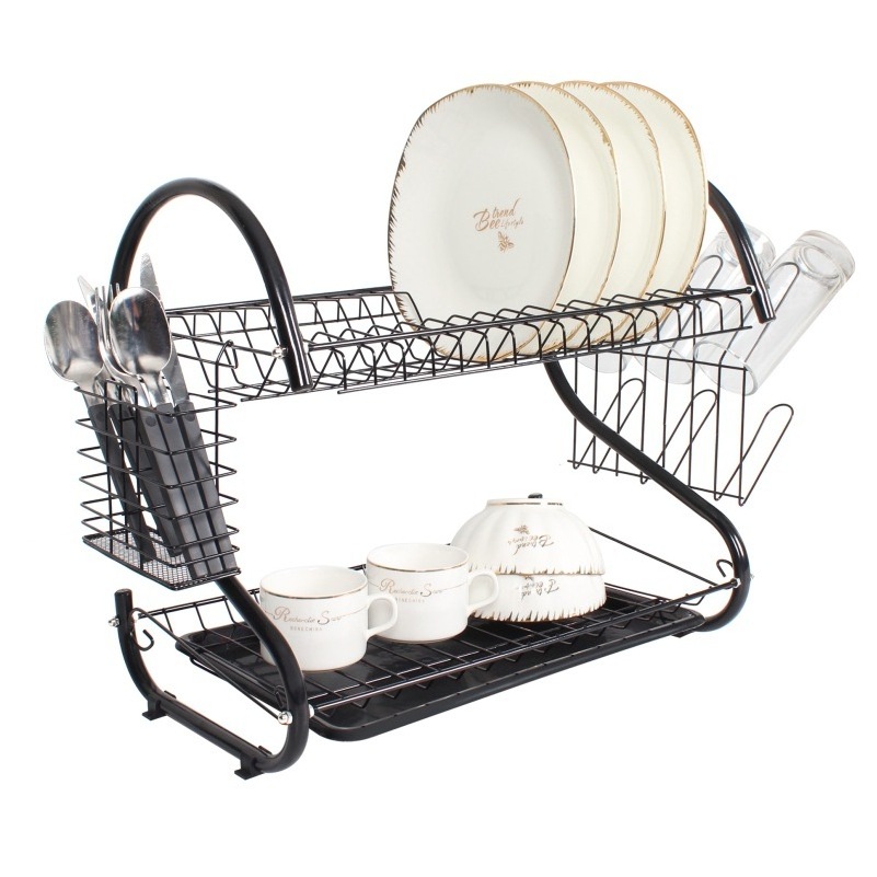 BX Home Kitchen Black Powder coating 2 Tier Dish rack Rust Resistant S shape Metal Wire Drying Dish Rack