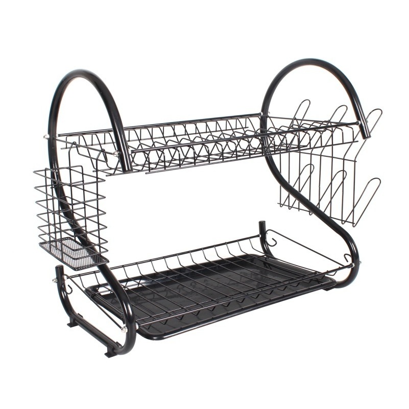 BX Home Kitchen Black Powder coating 2 Tier Dish rack Rust Resistant S shape Metal Wire Drying Dish Rack