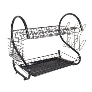 BX Home Kitchen Black Powder coating 2 Tier Dish rack Rust Resistant S shape Metal Wire Drying Dish Rack