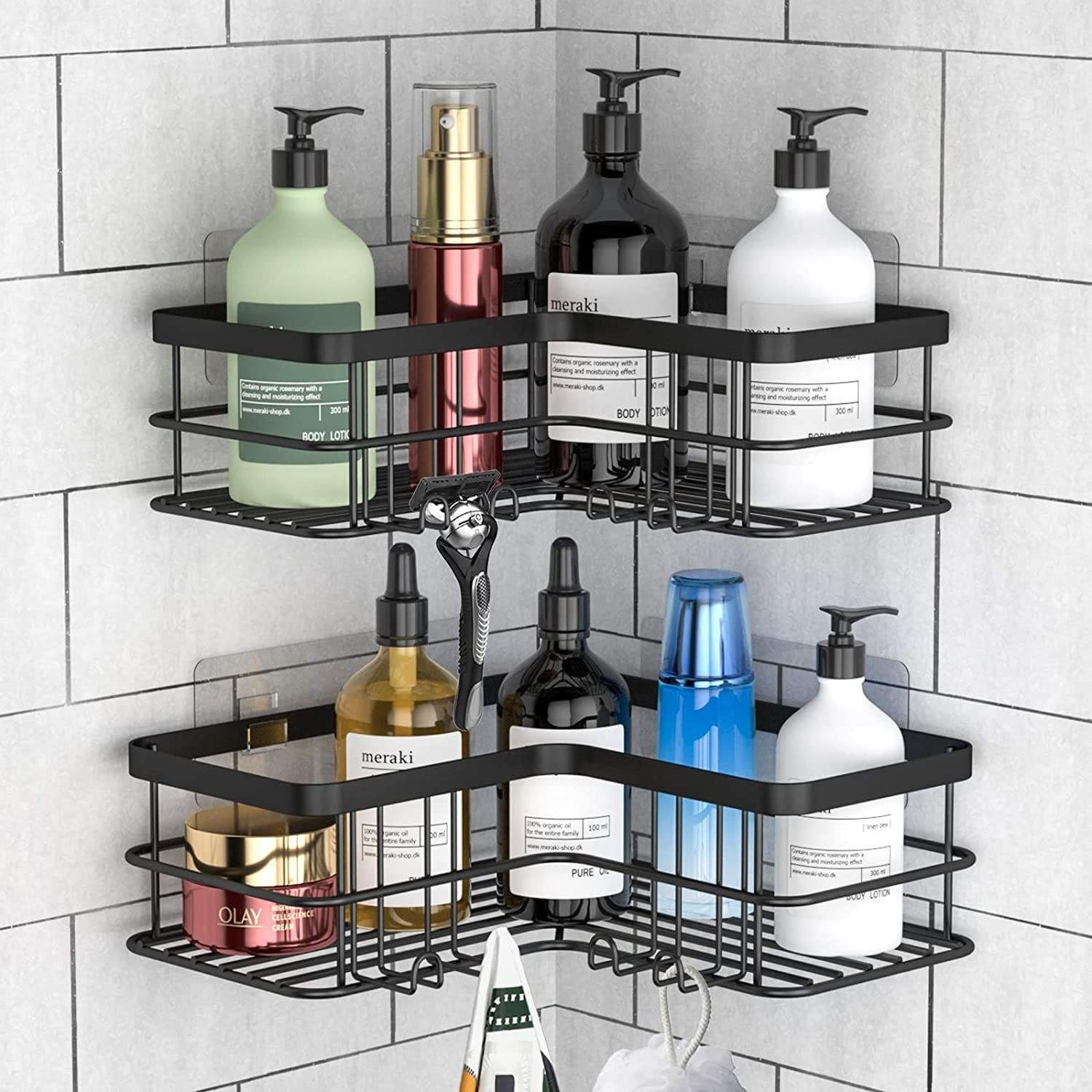 BX 2-Pack bathroom black stainless steel 304 corner shower caddy  rack adhesive  shower  rack shelves