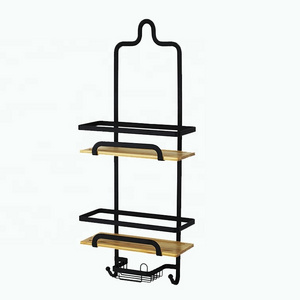 BX Black metal shower caddy hanging, bathroom caddy bathroom shelf with bamboo board