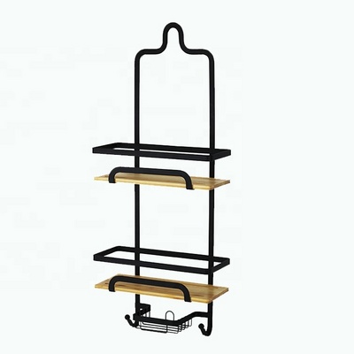 BX Black metal shower caddy hanging, bathroom caddy bathroom shelf with bamboo board