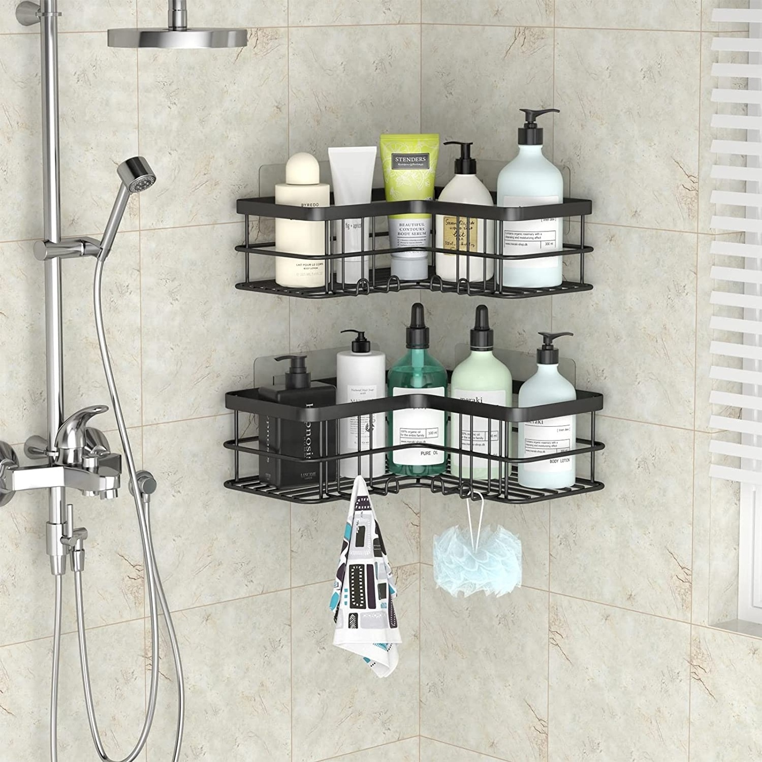 BX 2-Pack bathroom black stainless steel 304 corner shower caddy  rack adhesive  shower  rack shelves