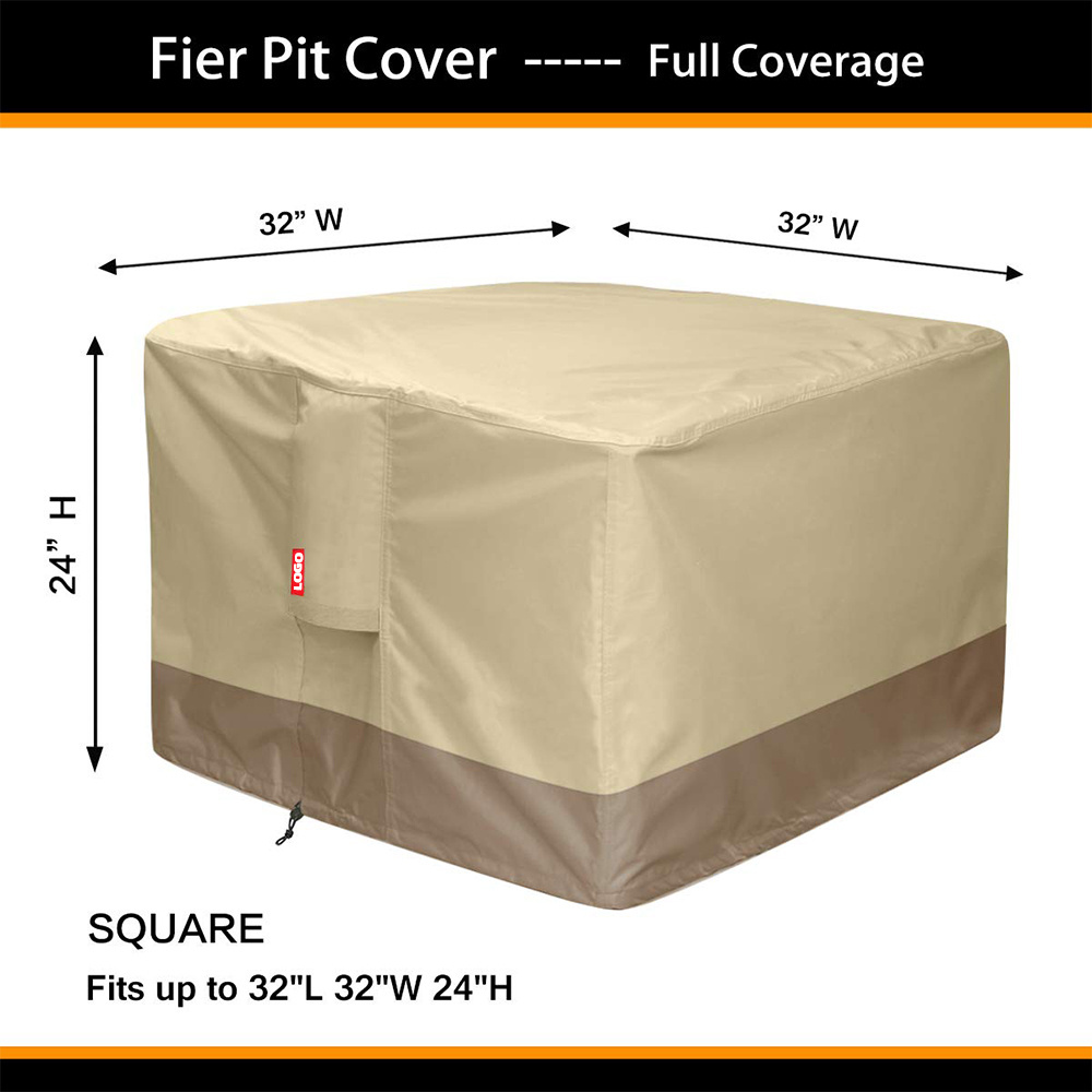 Heavy Duty Beige 600D PVC Coating Fire Pit Table Cover 32 inch Patio Outdoor Waterproof Gas Fire Pit Cover Square