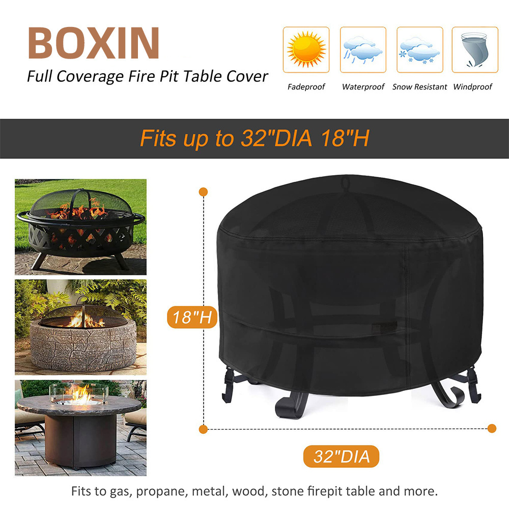 Black Round Waterproof Outdoor Patio Firepit Cover 32 x 18 Inch Fire Pit Cover For Small Fireplace Fire Bowl