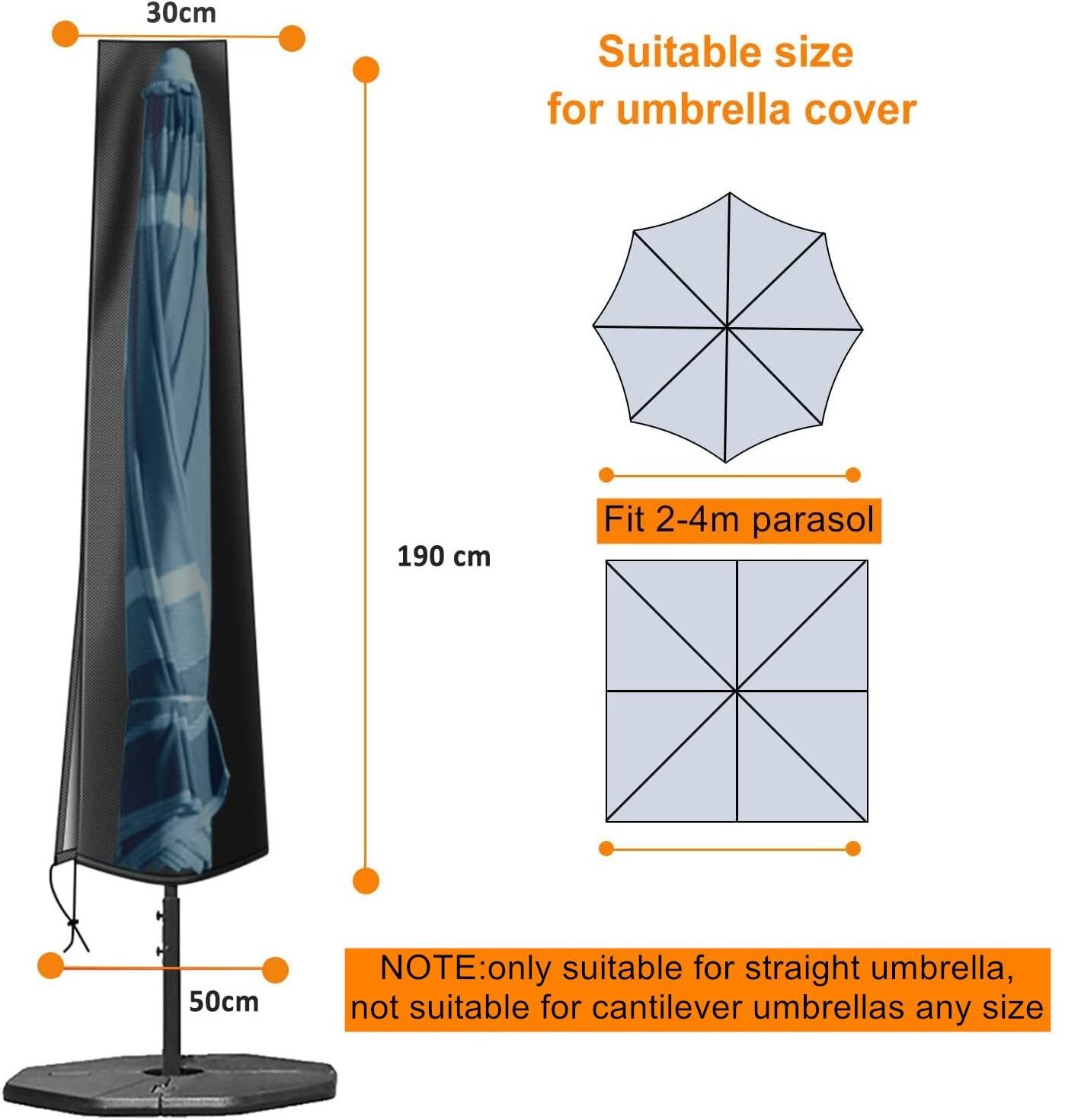 9ft To 12ft Black Garden Umbrella Fabric Cover 420D Oxford Rain Proof Umbrella Cover Waterproof Patio Parasol Covers With Zip