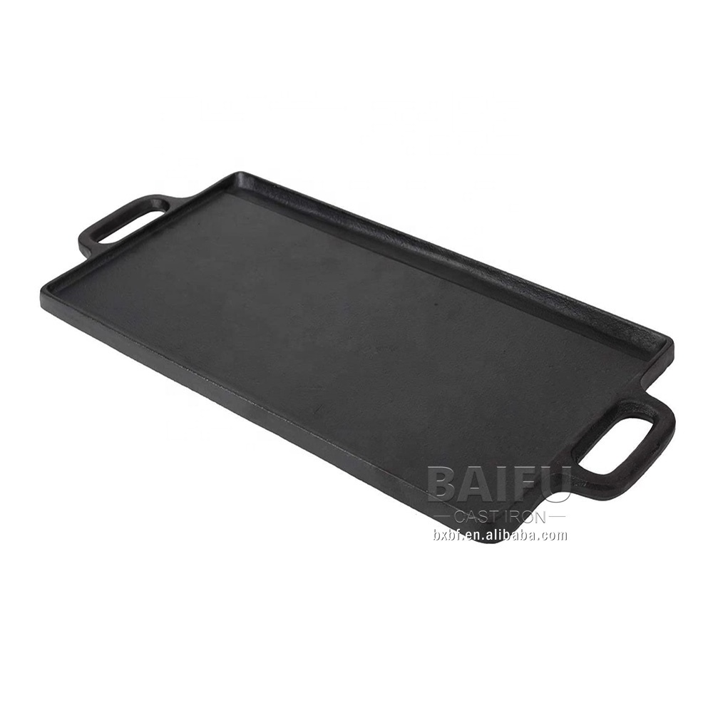 Factory Direct hot Pre-Seasoned Cast Iron Reversible Grill Griddle Pan Square Grill Plate Griddle Plate Grill Pan with Double Helper