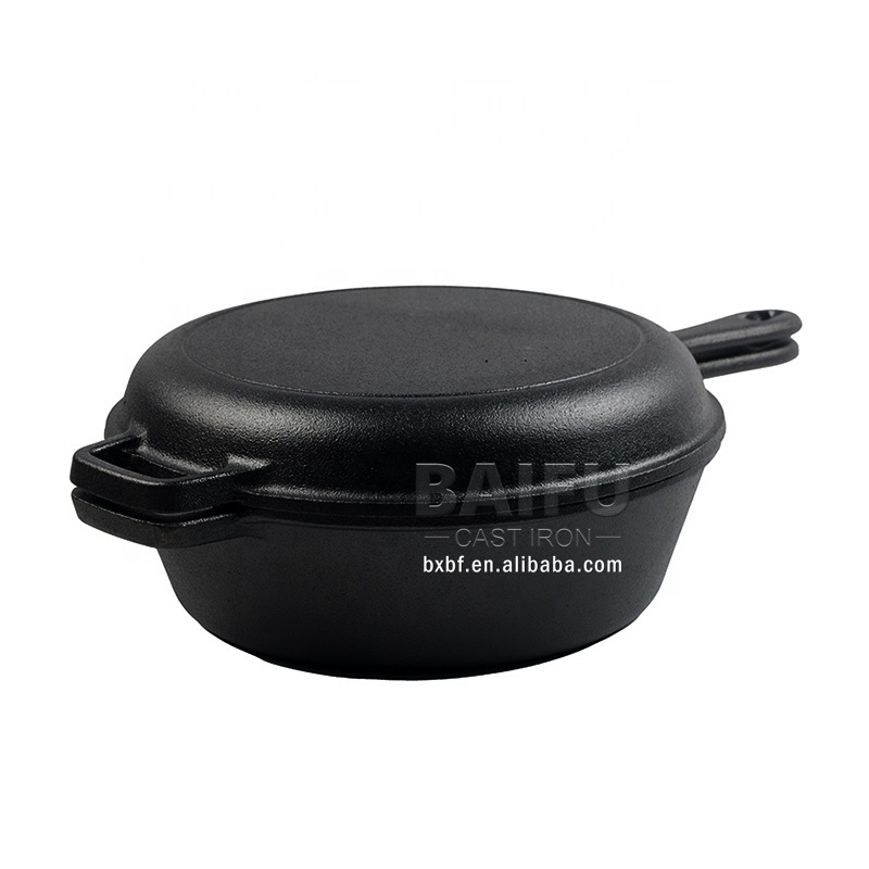 Hot Cast Iron Dutch Oven with Skillet Lid Pre-Seasoned Double Dutch Oven 2 in 1 Multi Cooker 2 Piece Set Combo Cooker