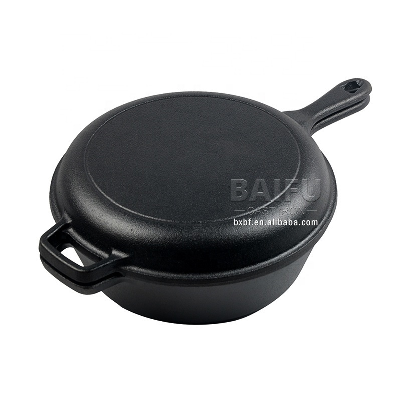 Hot Cast Iron Dutch Oven with Skillet Lid Pre-Seasoned Double Dutch Oven 2 in 1 Multi Cooker 2 Piece Set Combo Cooker