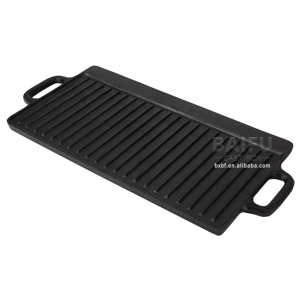 Factory Direct hot Pre-Seasoned Cast Iron Reversible Grill Griddle Pan Square Grill Plate Griddle Plate Grill Pan with Double Helper