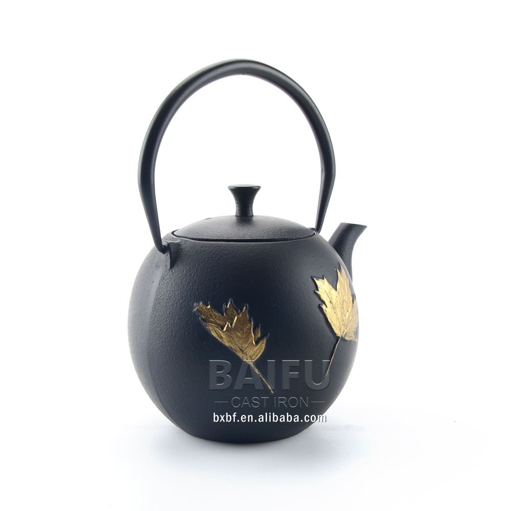 Gold Leaf Design 1 L Teapot Cast Iron Japanese Tetsubin tea kettle with Infuser for Loose Leaf Tea Enameled Interior tea pot