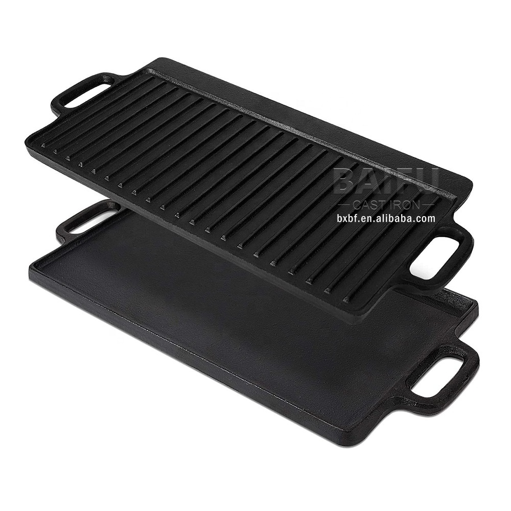 Factory Direct hot Pre-Seasoned Cast Iron Reversible Grill Griddle Pan Square Grill Plate Griddle Plate Grill Pan with Double Helper