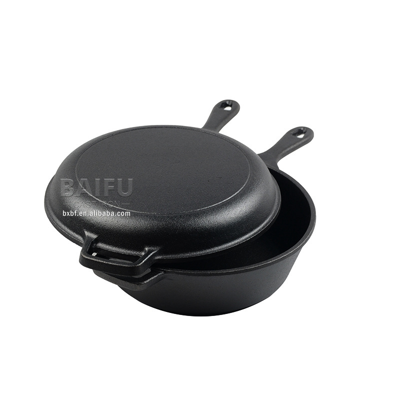 Hot Cast Iron Dutch Oven with Skillet Lid Pre-Seasoned Double Dutch Oven 2 in 1 Multi Cooker 2 Piece Set Combo Cooker