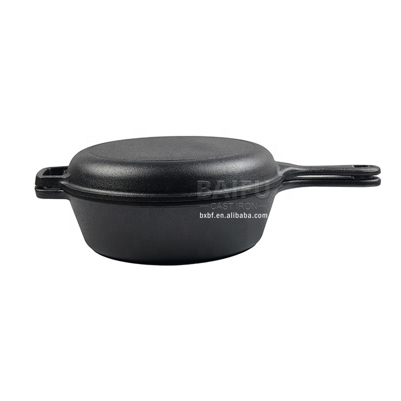 Hot Cast Iron Dutch Oven with Skillet Lid Pre-Seasoned Double Dutch Oven 2 in 1 Multi Cooker 2 Piece Set Combo Cooker