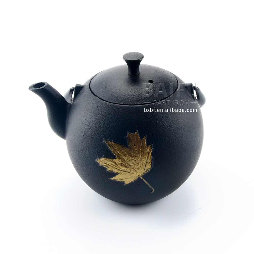 Gold Leaf Design 1 L Teapot Cast Iron Japanese Tetsubin tea kettle with Infuser for Loose Leaf Tea Enameled Interior tea pot