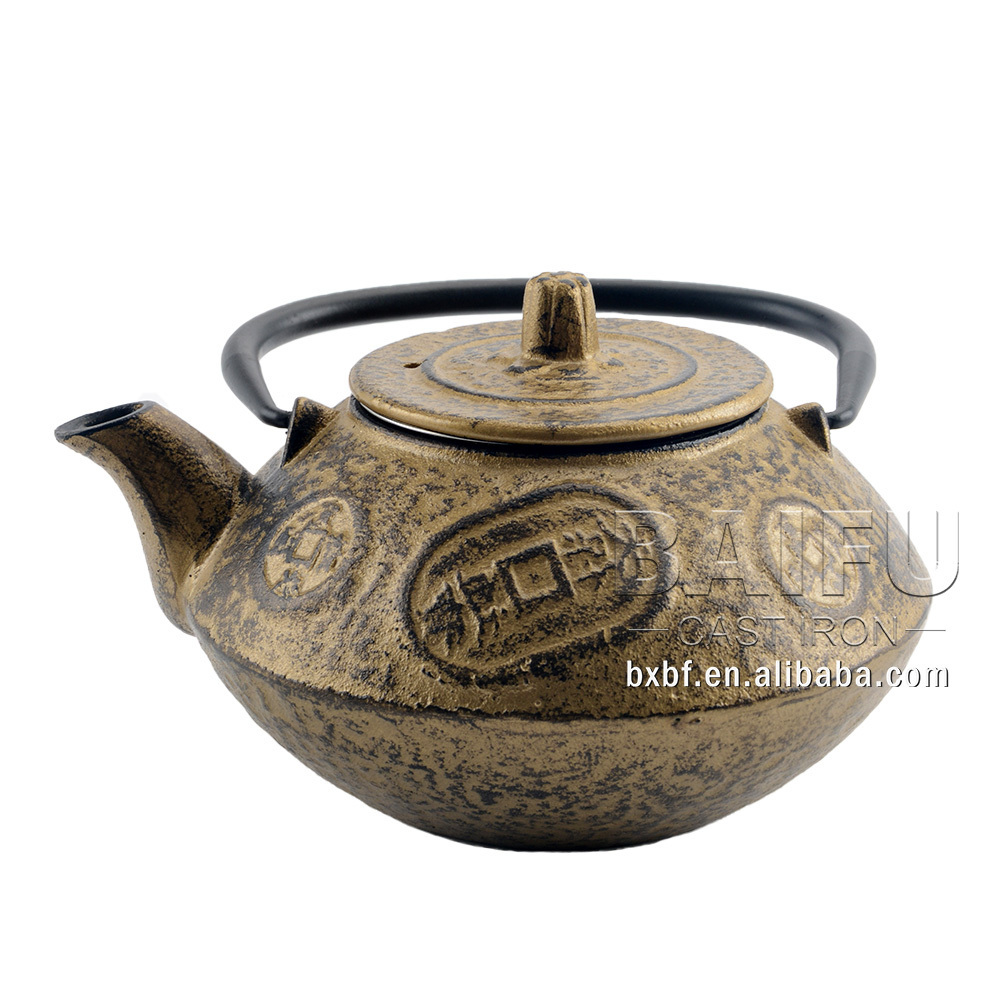 Chinese Classic Cast Iron Teaware Teapot Golden Cast Iron Tea Kettle 800ml/27 Ounce