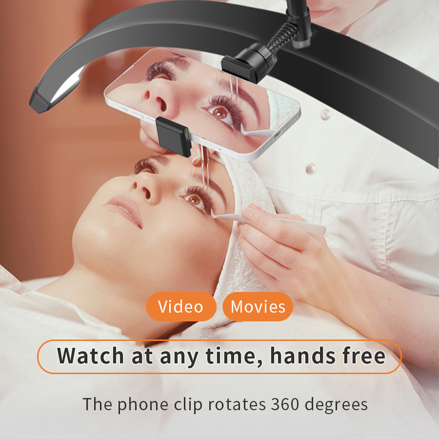 Beauty salon lash light 360 degree rotation with phone stand base Clamp design half moon light