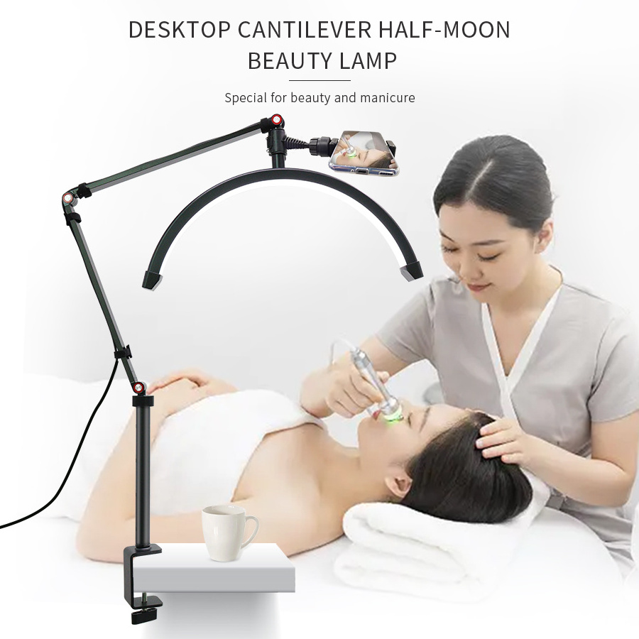 Beauty salon lash light 360 degree rotation with phone stand base Clamp design half moon light