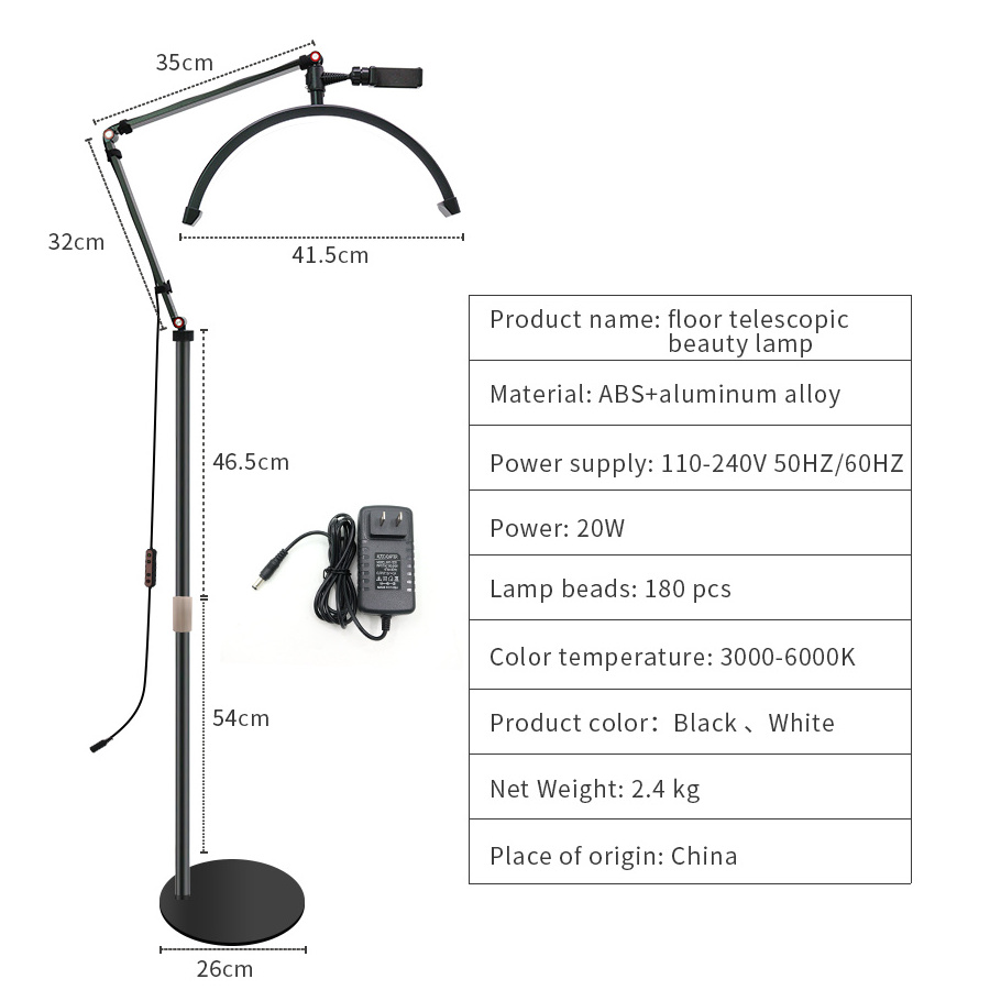 20W Salon half moon led light with phone holder 16 inch Lash light half moon floor lamp Standing led lamp moon for eyelash