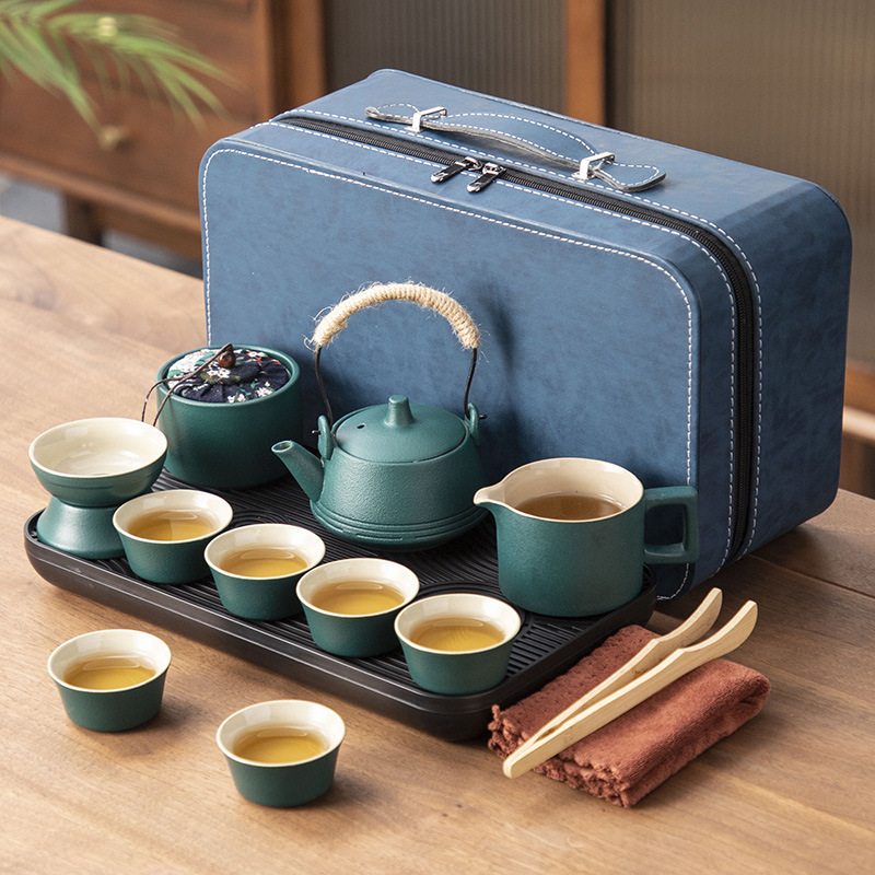 Rough pottery travel tea set Portable with tea tray ceramic quick cup outdoor holiday gift set