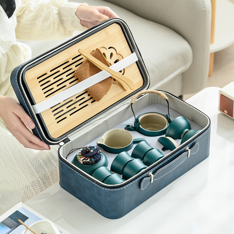 Rough pottery travel tea set Portable with tea tray ceramic quick cup outdoor holiday gift set