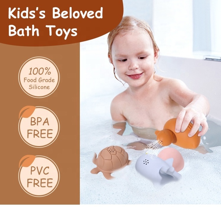 Custom Bpa Free Eco-friendly Waterproof Soft Rubber Silicone Water Wheel Frog Duck Baby Bath Toys With Shower For Baby Bath Toys