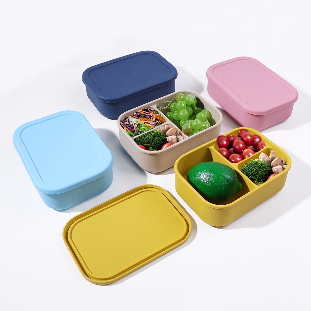 Custom New 3 Compartment Silicone Bento Lunch Box Leak-proof Salad Lunch Container Food Storage Lunch Box BPA FREE With Lid