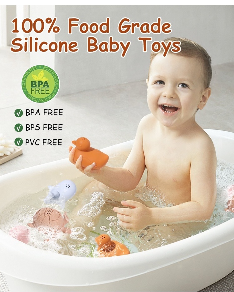 Custom Bpa Free Eco-friendly Waterproof Soft Rubber Silicone Water Wheel Frog Duck Baby Bath Toys With Shower For Baby Bath Toys