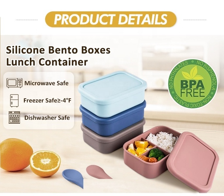 Custom New 3 Compartment Silicone Bento Lunch Box Leak-proof Salad Lunch Container Food Storage Lunch Box BPA FREE With Lid