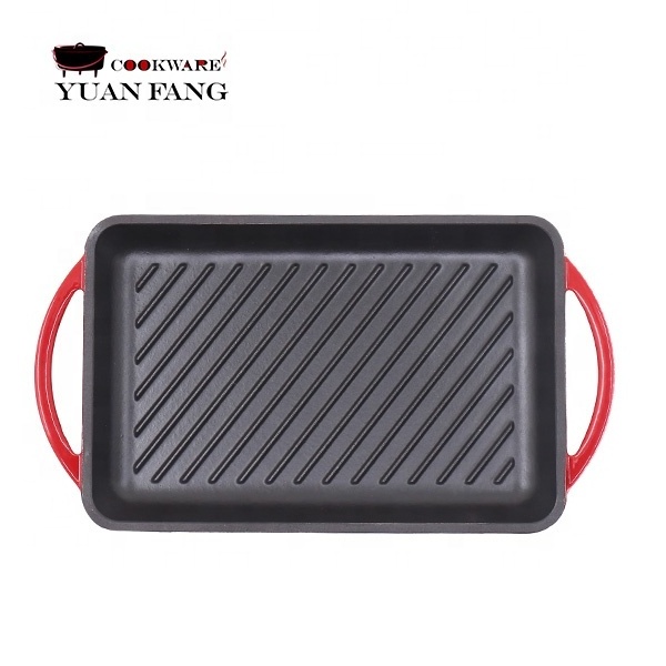 Hot Sale Camping Cookware 22CM Enameled Cast Iron Rectangle Griddle Plate Double Handle Barbecue Grill