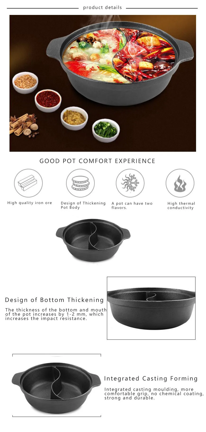 Kitchen Cookware 30/32/35CM Cooking Pot 2 Compartments Cast Iron Round Chafing Dish Shabu Shabu Hot Pot With Divider