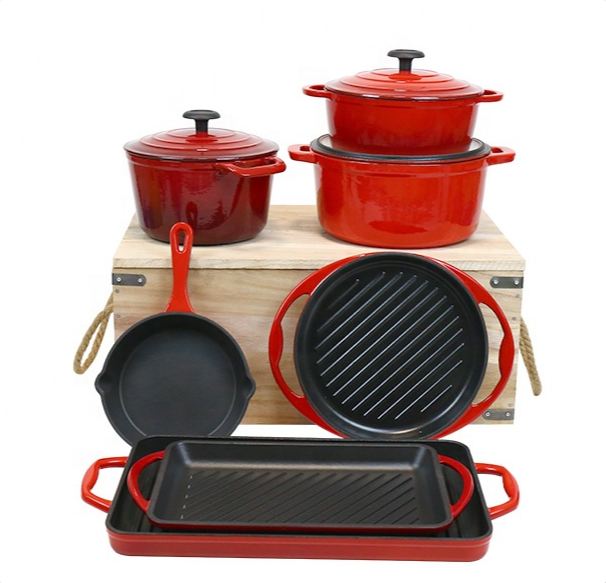 YFCOOK Free Sample PFOA free Kitchenware Dutch Oven Non-stick 7 Pieces Red Enamel Cast Iron Cookware Set Casserole Pots and Pans