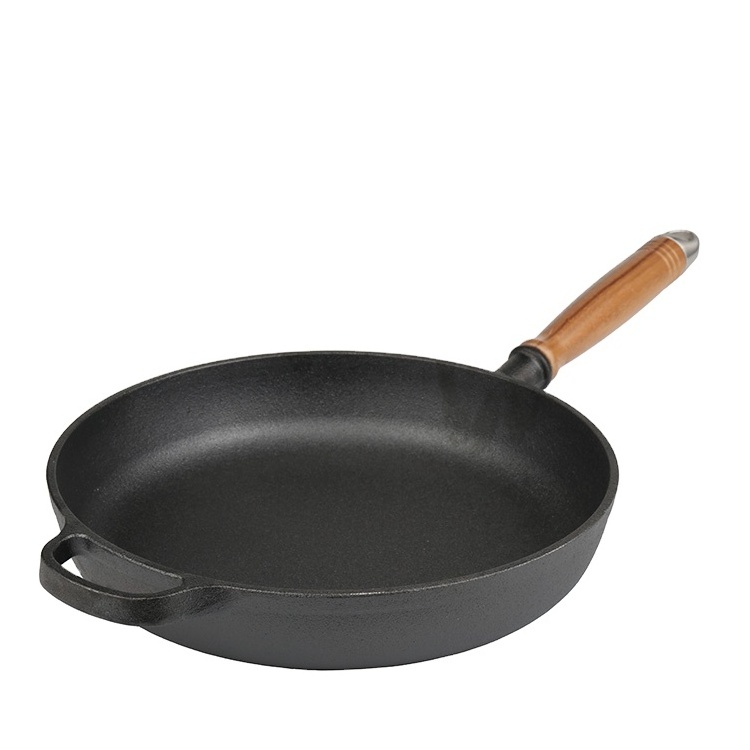 Factory Price Preseasoned Cookware 28CM Round Non-Stick Cast Iron Skillet Frying Pan Wok with Walnut Wood Handle